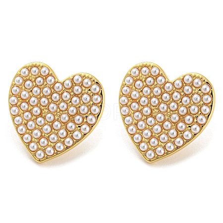 Heart Brass Stud Earrings with Plastic Pearl Beaded EJEW-Q785-19G-1