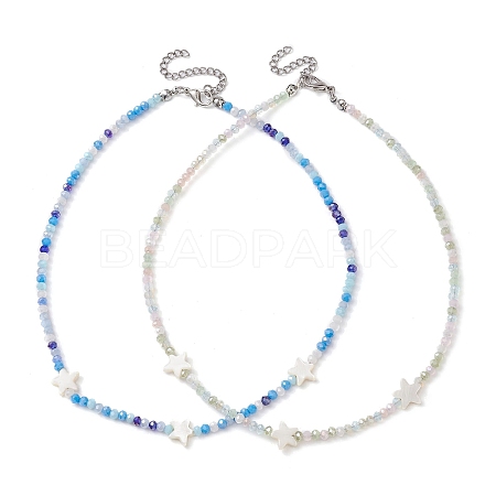 2Pcs 2 Color Glass & Natural Shell Star Beaded Necklaces Set NJEW-JN04646-01-1