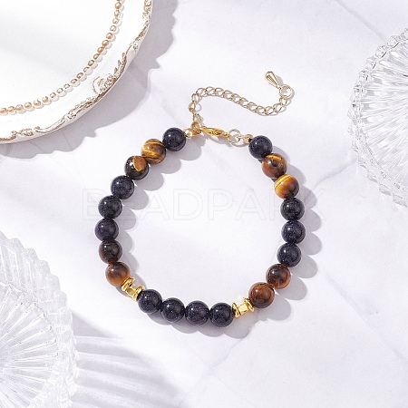 Round Natural Tiger Eye & Synthetic Blue Goldstone Beaded Bracelets for Women BJEW-JB12239-01-1