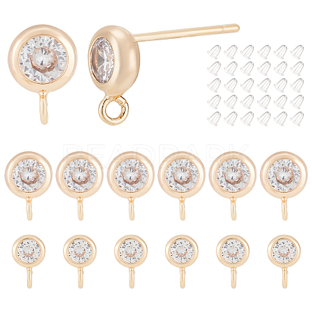 BENECREAT 12Pcs 2 Size Brass Micro Pave Cubic Zirconia Flat Round Stud Earring Finding KK-BC0011-51-1