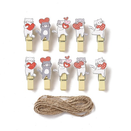 Cat with Heart Theme Wooden & Iron Clothes Pins AJEW-H137-03-1