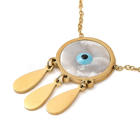 Woven Net with Evil Eye Natural Shell with Enamel Pendant Necklaces NJEW-E104-02G-1