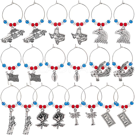 BENECREAT 20Pcs 10 Styles National Flag & Dollar Bills & Eagle & Rose Alloy Dangle Wine Glass Charms with Glass Pearl AJEW-BC0003-15-1