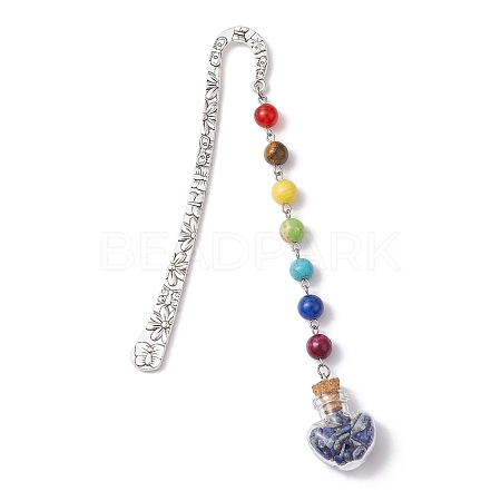 7 Chakra Gemstone Bead & Natural Lapis Lazuli Glass Heart Wishing Bottle Pendant Bookmarks AJEW-JK00313-07-1