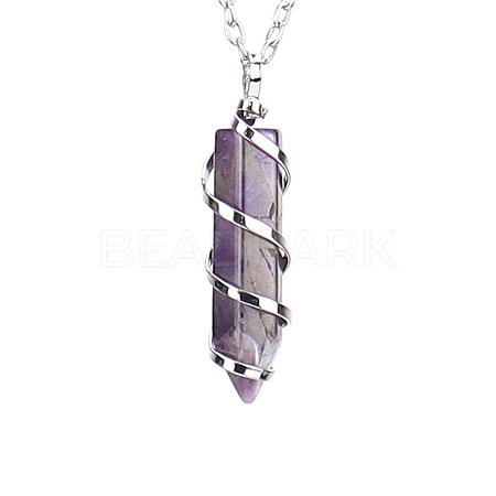 Natural Amethyst Hexagon Prism Pendant Necklace with Platinum Alloy Chains PW-WG80696-01-1