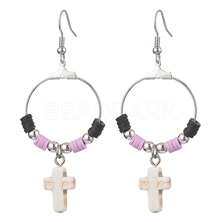 Cross Synthetic Turquoise & Polymer Clay Dangle Earrings for Women EJEW-JE05893-02-1