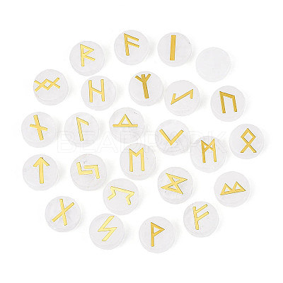 Brass Elder Futhark Alphabet Engraved Symbol Flat Round Natural Quartz Crystal Rune Stones G-I373-01B-1