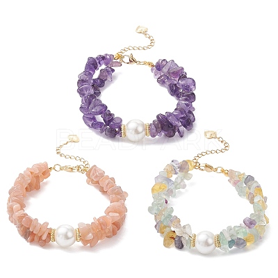 3Pcs Natural Fluorite & Sunstone & Amethyst Chip Beaded Bracelets for Women BJEW-JB12306-1