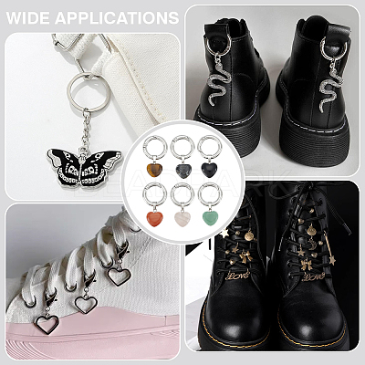 12Pcs 6 Colors Heart Natural Tiger Eye & Rose Quartz & Green Aventurine & Larvikite & Red Jasper & Obsidian Shoes Charms HJEW-PH02141-1