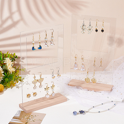 Transparent Acrylic Vertical Earring Display Stands with Wooden Base EDIS-WH0021-48A-1