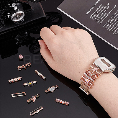 15Pcs 15 Style Heart & Flower & Word & Butterfly Crystal Rhinestone Watch Band Charms Set FIND-PH0007-69-1