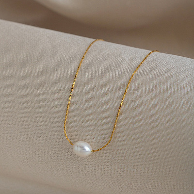 Natural Freshwater Pearl Rice Pendant 304 Stainless Steel Chain Necklaces for Women EG9646-1