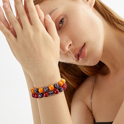 Dark Orange Natural Yellow Jade Round Beaded Stretch Bracelet BJEW-SW00077-07-1