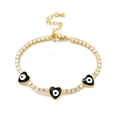 Heart with Evil Eye Enamel Link Bracelet with Clear Cubic Zirconia Tennis Chains BJEW-G650-04G-1