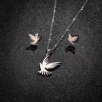 Stainless Steel Bird Stud Earrings & Pendant Necklaces Sets for Women PW-WG4042D-02-1