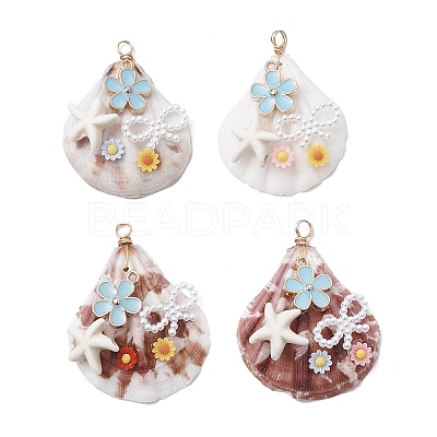 Natural Scallop Shell & Resin Flower & ABS Plastic Imitation Pearl Bowknot Pendants PALLOY-JF03891-1