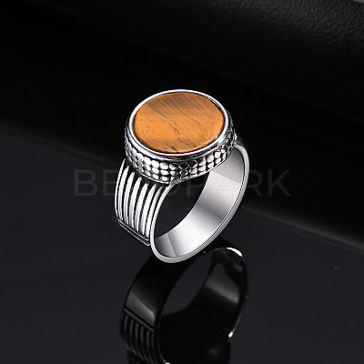 304 Stainless Steel with Natural Tiger Eye Finger Rings for Men FS-WGE1297-04-1