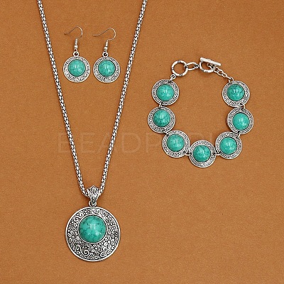 Alloy with Synthetic Turquoise Pendant Necklaces & Link Bracelets & Dangle Earring Sets WGBFEA3-07-1