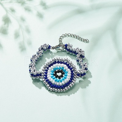 Glass Seed Braided Evil Eye Link Bracelet for Women BJEW-JB08398-01-1