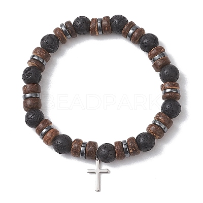 2Pcs Adjustable Natural Coconut & Lava Rock & Synthetic Lava Rock Beads Stretch Bracelets BJEW-JB13285-1