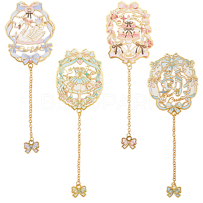 4Pcs 4 Styles Ballet Theme Brass & Iron Enamel Bookmarks with Chain and Bowknot Charms AJEW-SP0002-24-1