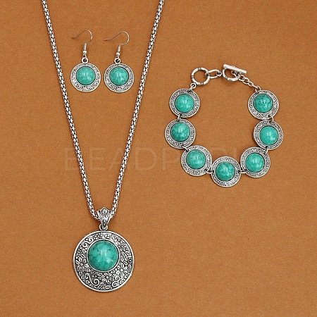 Alloy with Synthetic Turquoise Pendant Necklaces & Link Bracelets & Dangle Earring Sets WGBFEA3-07-1