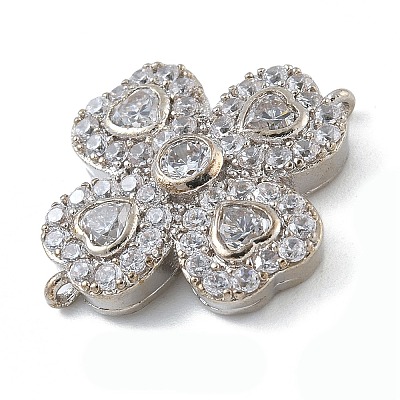 Rack Plating Brass Clear Cubic Zirconia Clover Connector Charms KK-A234-037P-1