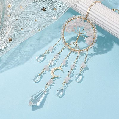 Natural Rose Quartz Copper Wire Wrapped Tree of Life Hanging Ornaments HJEW-TA00110-1