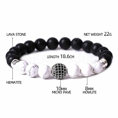 Natural Howlite & Lava Rock & Cubic Zirconia Round Beads Stretch Bracelets for Men Women Round Beads Stretch Bracelets for Men Women FF8165-9-1