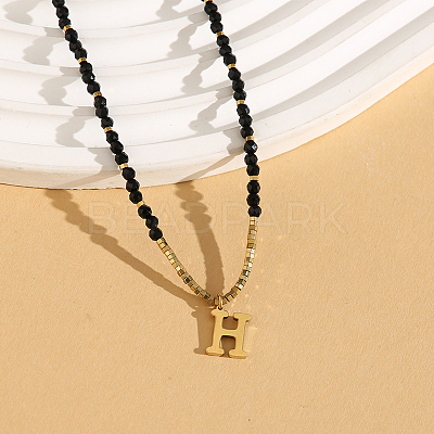 Stainless Steel Initial Pendant Faceted Round Natural Black Spinel Beaded Necklaces for Women ZD9259-8-1