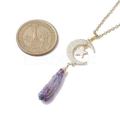 Electroplated Natural Quartz Crystal with Moon and Star Pendant Necklaces NJEW-JN04686-1