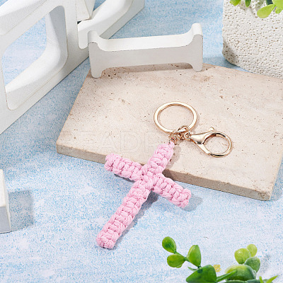 Cotton Cord Cross Keychains AJEW-TAC0031-03A-1