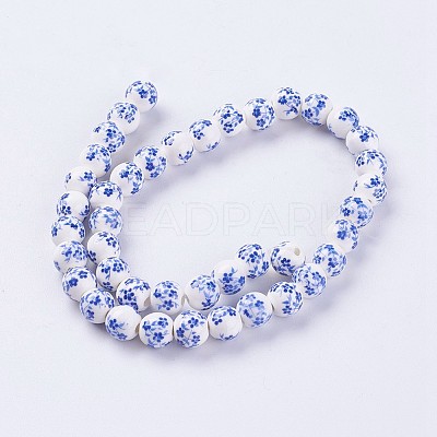 Handmade Flower Printed Porcelain Ceramic Beads Strands PORC-J006-C03-1