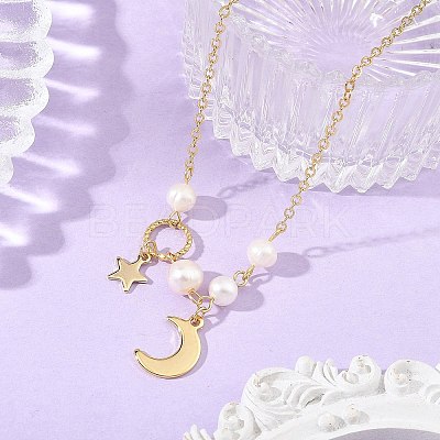 Brass Moon Star Pendant Cable Chains Necklaces for Women NJEW-JN06520-1