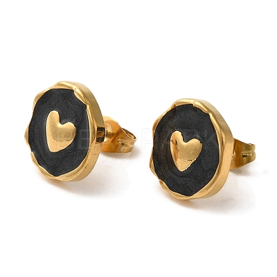 Ion Plating(IP) 304 Stainless Steel Flat Round with Heart Stud Earrings EJEW-C114-15G-01-1