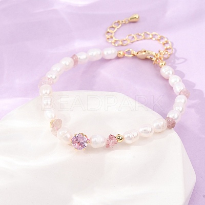 Natural Strawberry Quartz Chip and Rice Natural Pearl Beaded Bracelets GG-CBA3297-13G-C-1