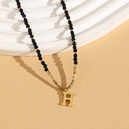 Stainless Steel Initial Pendant Faceted Round Natural Black Spinel Beaded Necklaces for Women ZD9259-8-1