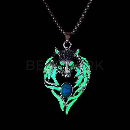 Luminous Glow In The Dark Enamel Wolf Pendant Necklace with Synthetic Turquoise Beaded LUMI-PW0006-66B-1