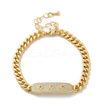 Brass Micro Pave Clear Cubic Zirconia Curved Rectangle with Hollow Star Cuban Link Chains Bracelets for Women BJEW-M322-03G-B-1