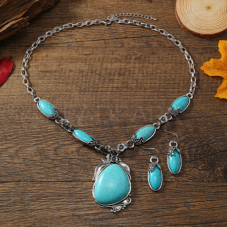 Bohemian Ethnic Style Alloy with Synthetic Turquoise Teardrop Pendant Necklaces & Oval Dangle Earrings Sets FS-WGCAAC5-01-1