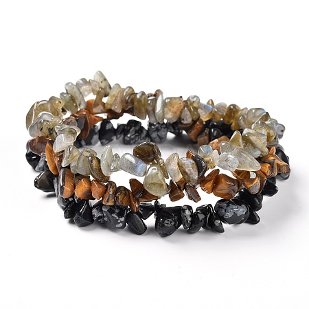 Chips Natural Labradorite & Snowflake Obsidian & Tiger Eye Beaded Stretch Bracelets Sets BJEW-JB05332-05-1
