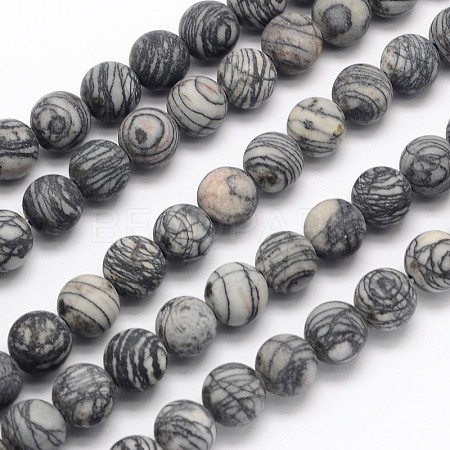 Frosted Round Natural Black Polychrome Jasper/Picasso Stone/Picasso Jasper Beads Strands X-G-N0166-44-6mm-1