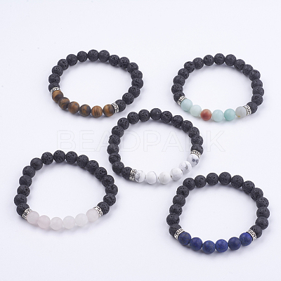 Natural Lava Rock and Gemstone Stretch Bracelets BJEW-JB03633-1