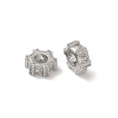 Hexagon Brass Clear Cubic Zirconia European Beads KK-D228-06P-1