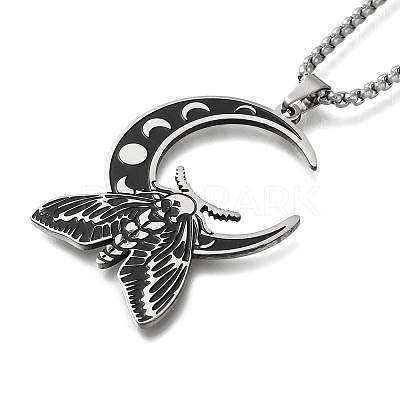 201 Stainless Steel Crescent Moon with Moth Pendant Box Chain Necklaces STAS-D196-01P-1
