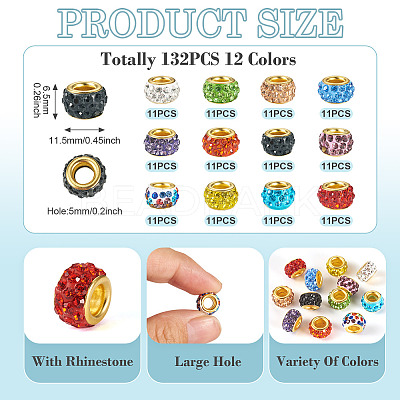 132Pcs 12 Colors Alloy Rhinestone Clay Pave Large Hole Beads ALRI-TA0001-28-1