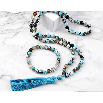 Natural Agate Round Beaded Pendant Necklaces & Bracelets Sets FS-WG9D102-16-1