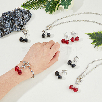 2 Set 2 Color Resin Cherry Pendant Necklace & Charm Bracelet & Dangle Stud Earrings SJEW-FI0001-18-1