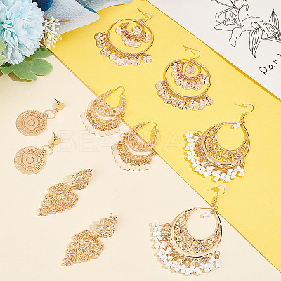 5 Pairs 5 Style Alloy Flat Round & Teardrop Filligree Boho Chandelier Earrings EJEW-AN0003-01-1