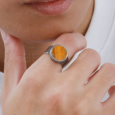 304 Stainless Steel with Natural Tiger Eye Finger Rings for Men FS-WGE1297-02-1